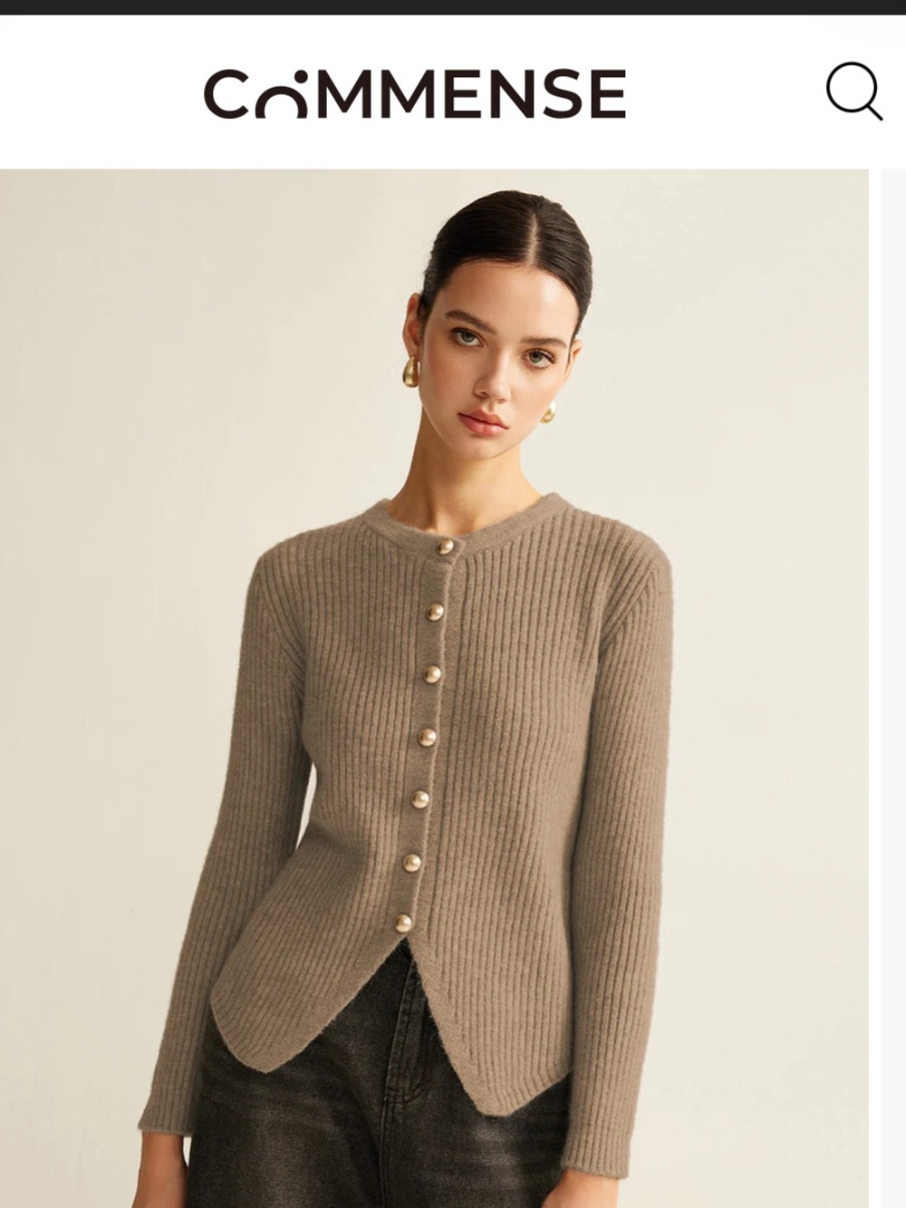 Commense ‘Split Cardigan’ Taupe Ribbed Gold-Button Cardigan